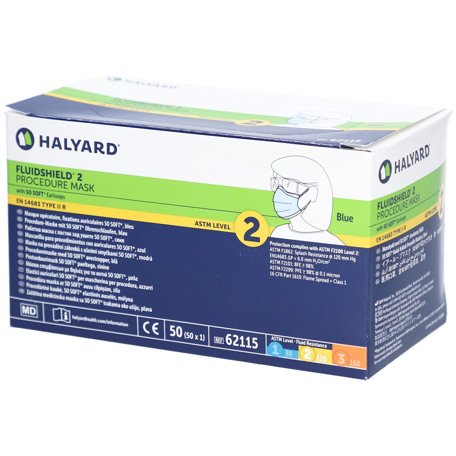 Halyard Fluidshield 2 OP-Masken-Verpackung. Blaue Box mit Produktinformationen, CE-Kennzeichnung und Logo.