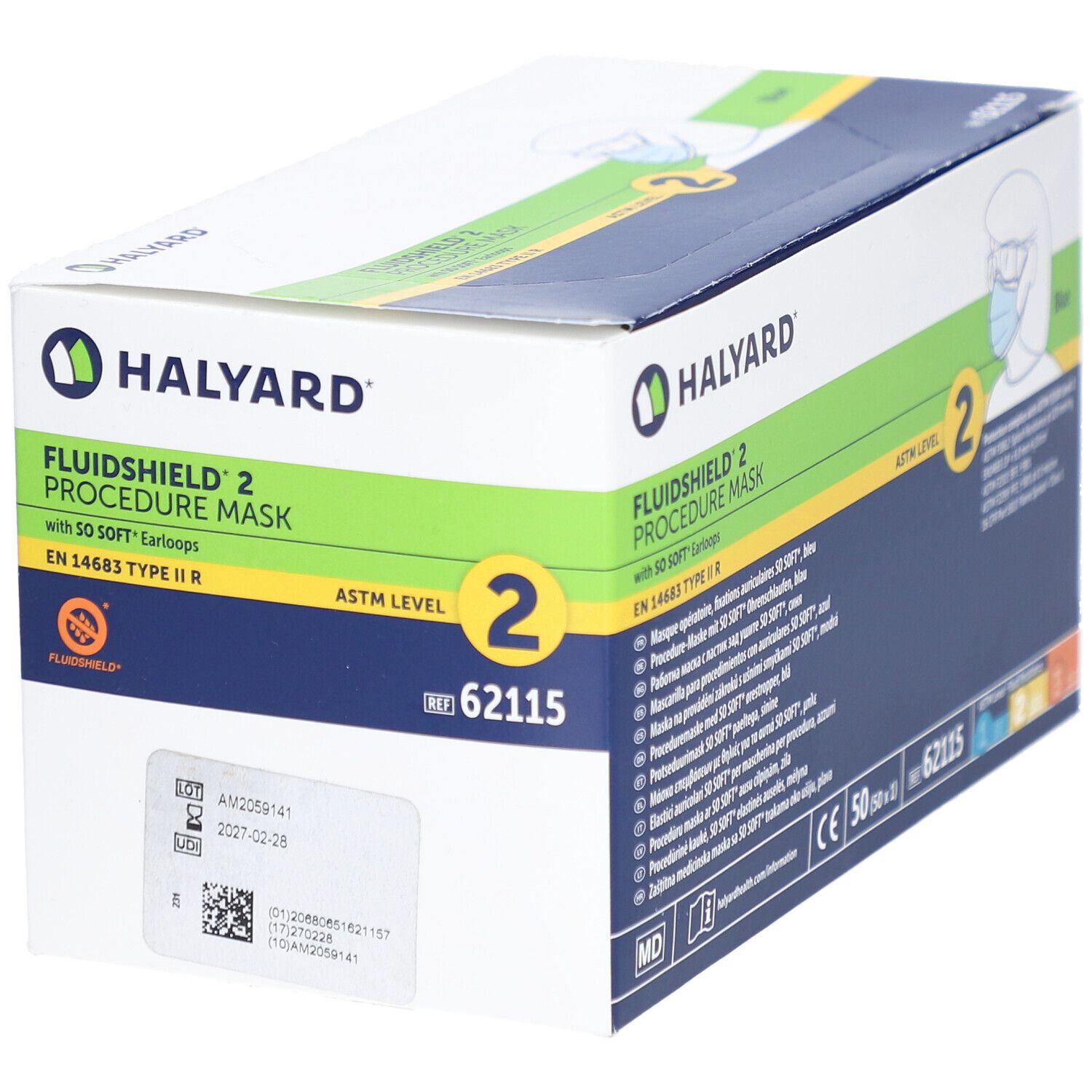 Halyard Fluidshield 2 OP-Masken-Verpackung. Blaue Box mit Produktinformationen, CE-Kennzeichnung und Logo.