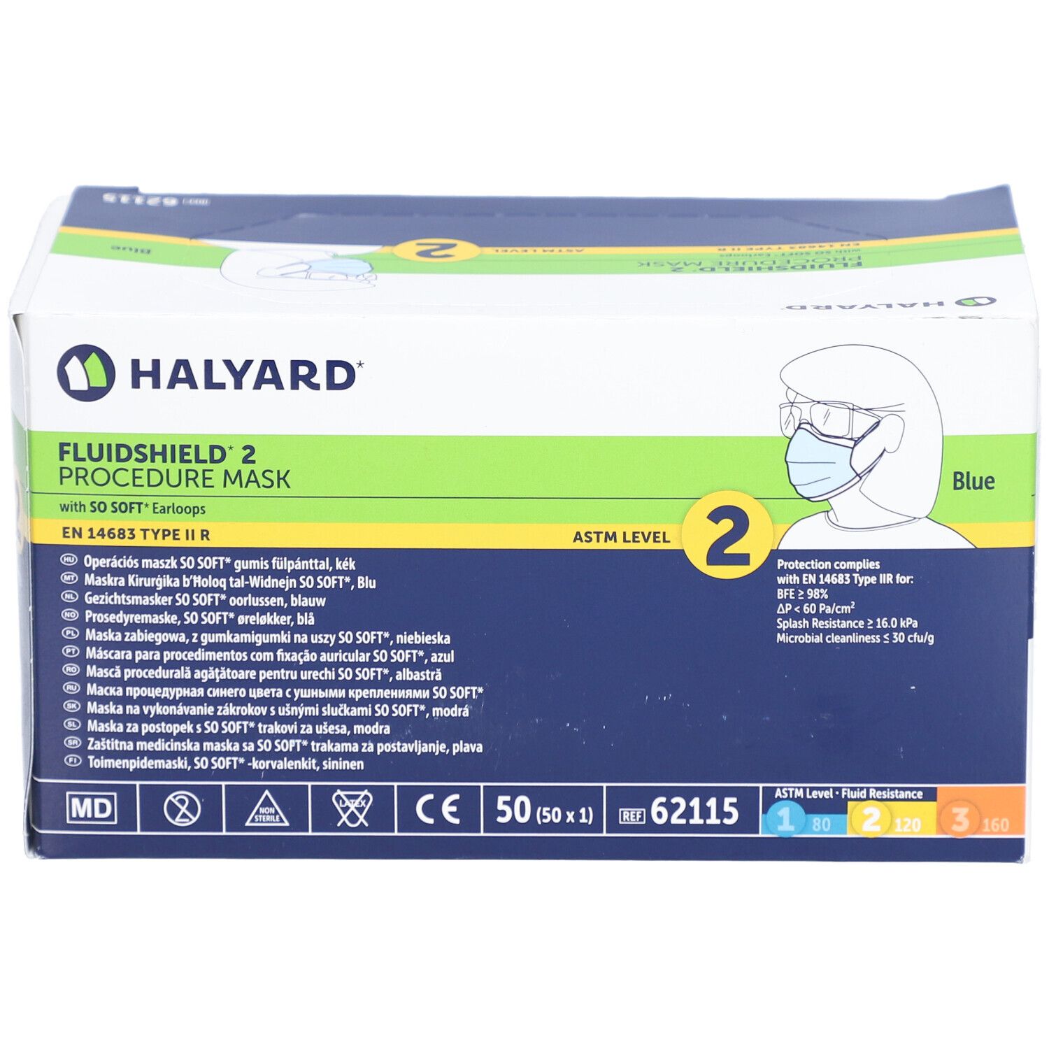 Halyard Fluidshield 2 OP-Masken-Verpackung. Blaue Box mit Produktinformationen, CE-Kennzeichnung und Logo.