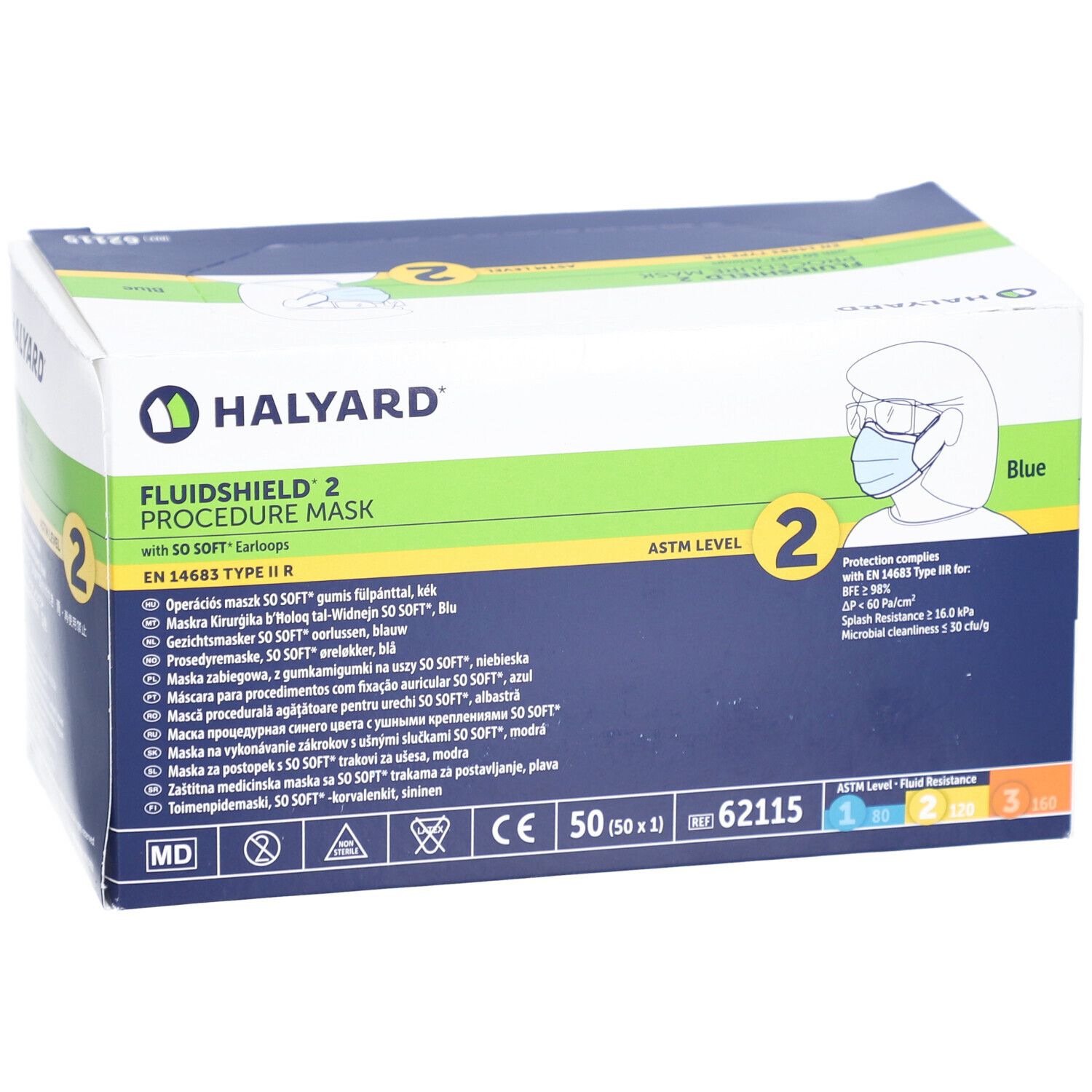 Halyard Fluidshield 2 OP-Masken-Verpackung. Blaue Box mit Produktinformationen, CE-Kennzeichnung und Logo.
