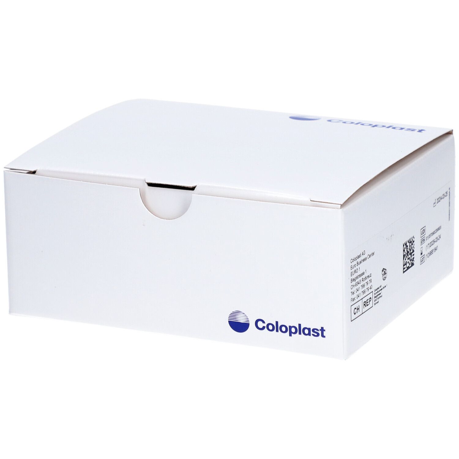 Weiße Verpackung mit Coloplast-Logo. Aufdrucke mit Informationen und Barcode. Karton mit Deckel.