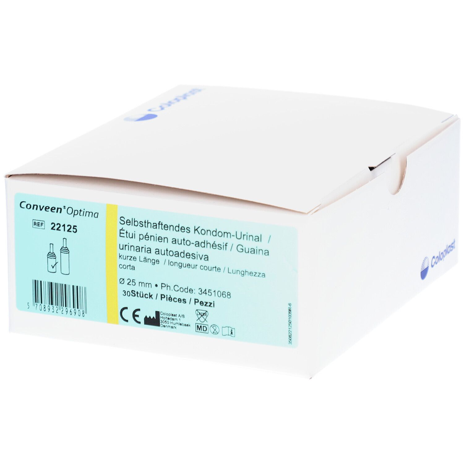 Weiße Verpackung mit Produktbezeichnung und Beschreibung. Enthält selbsthaftendes Kondom-Urinal. 25mm/5cm. 30 Stück.
