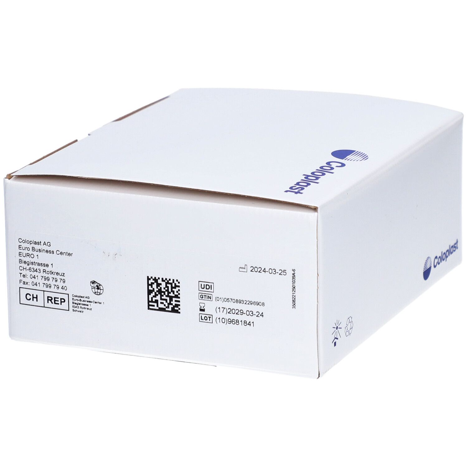 Weiße Verpackung mit Coloplast-Logo. Aufdrucke mit Informationen und Barcode. Karton mit Deckel.