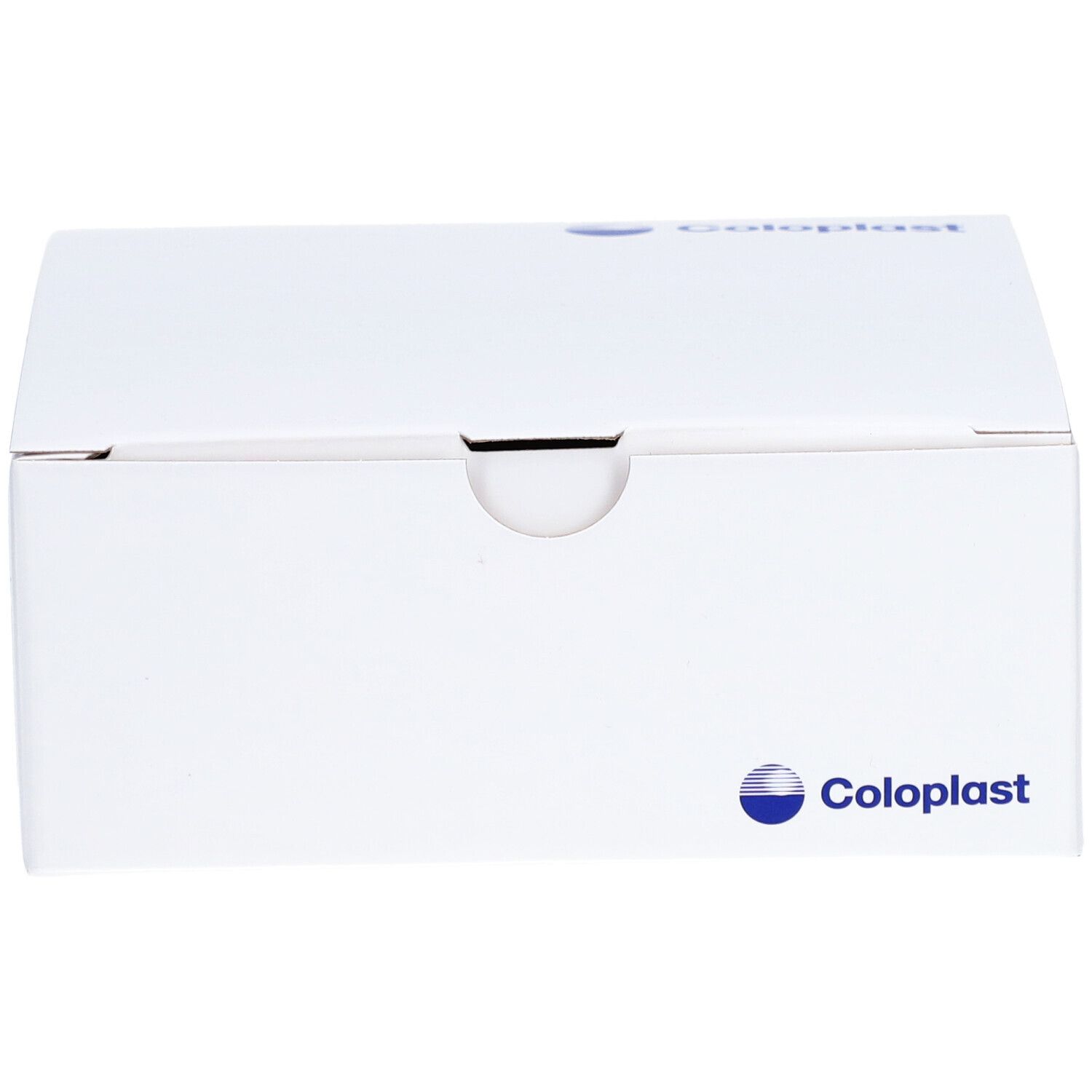 Weiße Verpackung mit Coloplast-Logo. Karton mit Deckel. Aufdrucke mit Informationen.
