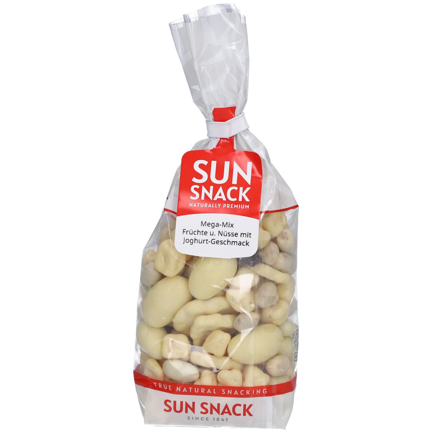 Sachet transparent SUN SNACK Mega-Mix Fruits + Noix avec yaourt. Étiquette rouge avec logo et nom du produit.