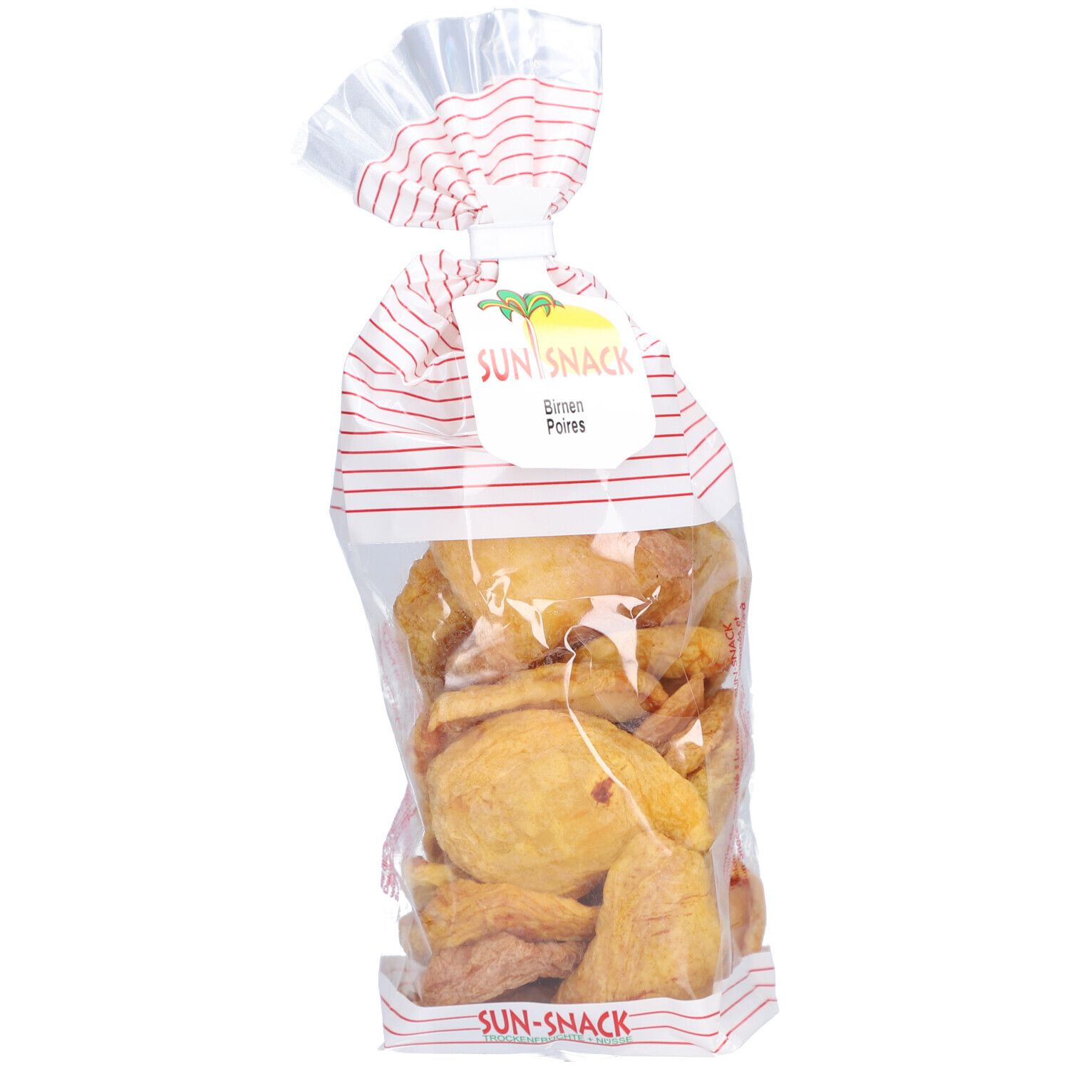 Klarsichtbeutel mit getrockneten Birnen. Roter Streifen am oberen Rand. Etikett mit "SUN-SNACK" und "Birnen Pores".