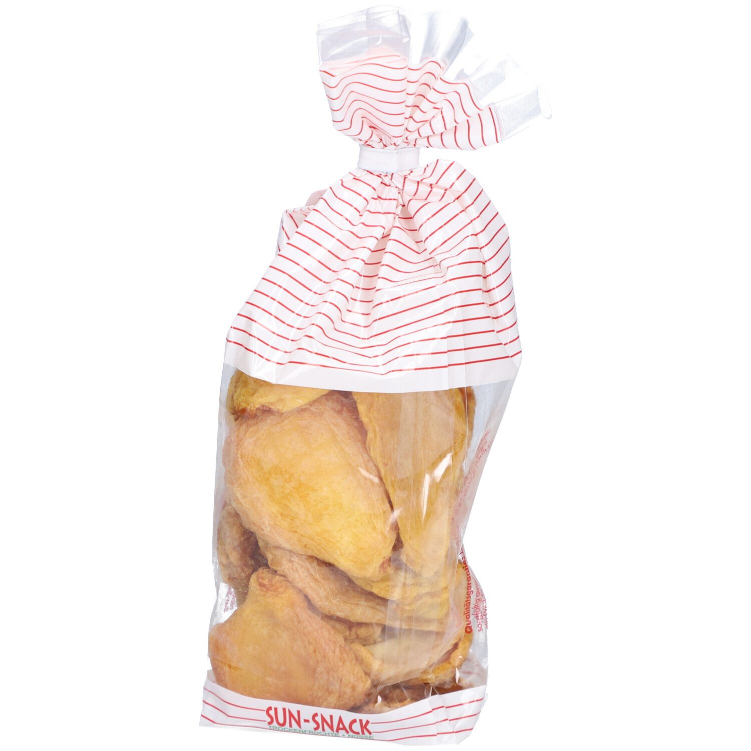 Klarsichtbeutel mit getrockneten Birnen. Roter Streifen am oberen Rand. "SUN-SNACK" am unteren Rand.