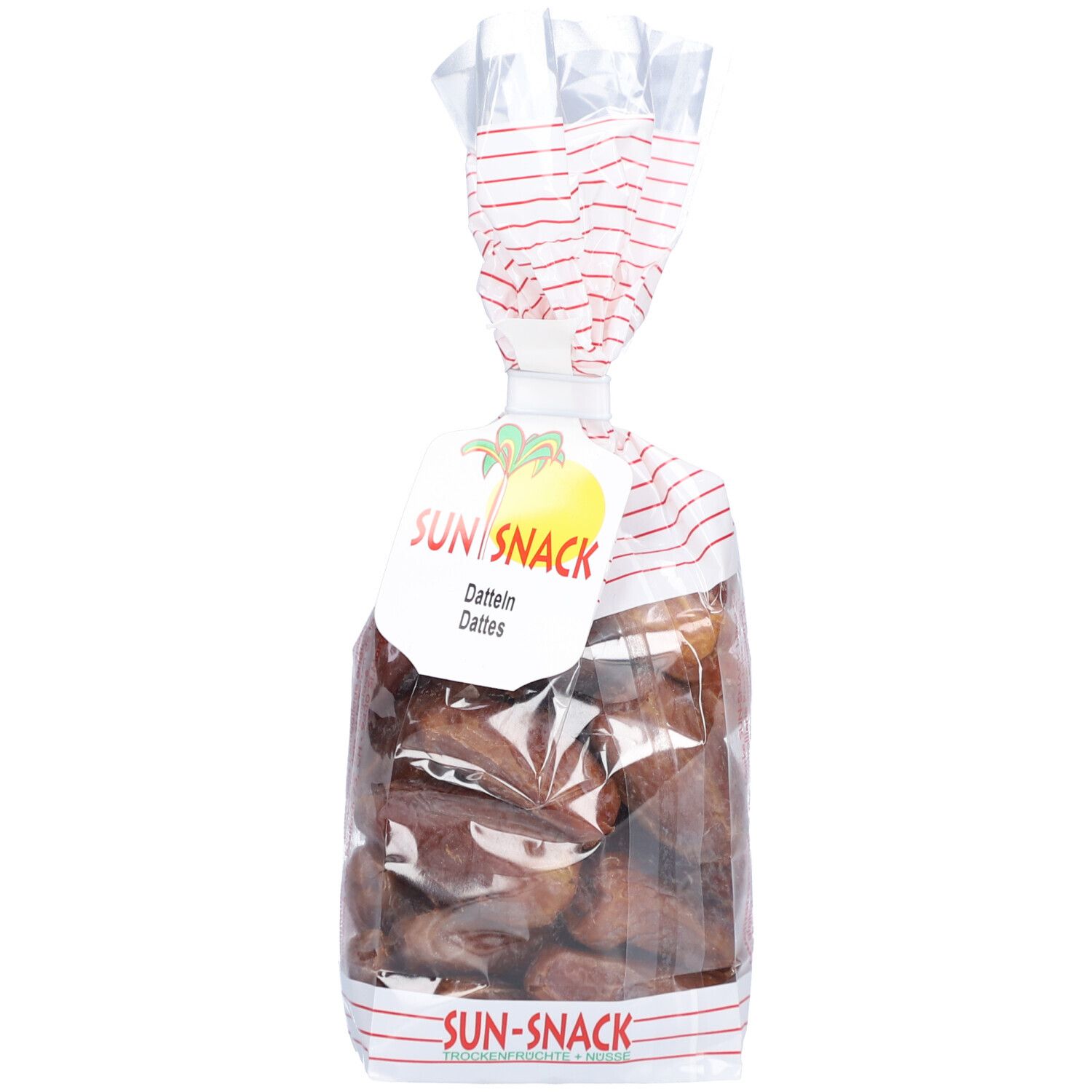 Sachet transparent de SUN SNACK Datteln. Étiquette avec nom du produit et logo ananas. Rayure rouge sur le sachet.