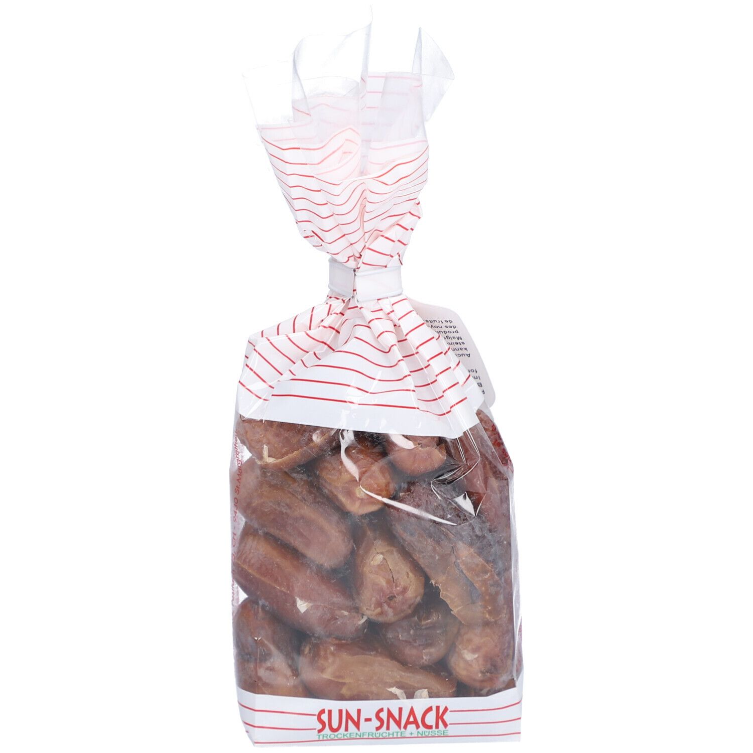 Sachet transparent de SUN SNACK Datteln. Rayure rouge sur le sachet. Nom du produit en bas.