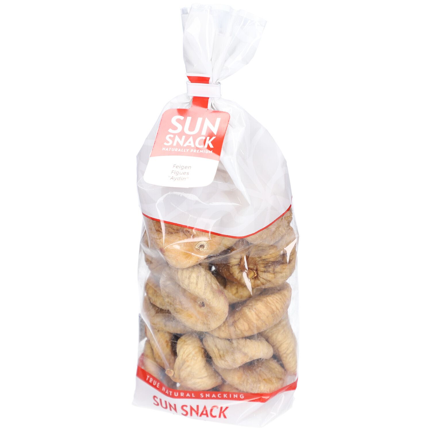 Klare Plastiktüte mit getrockneten Feigen. Ein rotes Etikett mit dem SUN SNACK-Logo und der Aufschrift "Feigen" ist angebracht.
