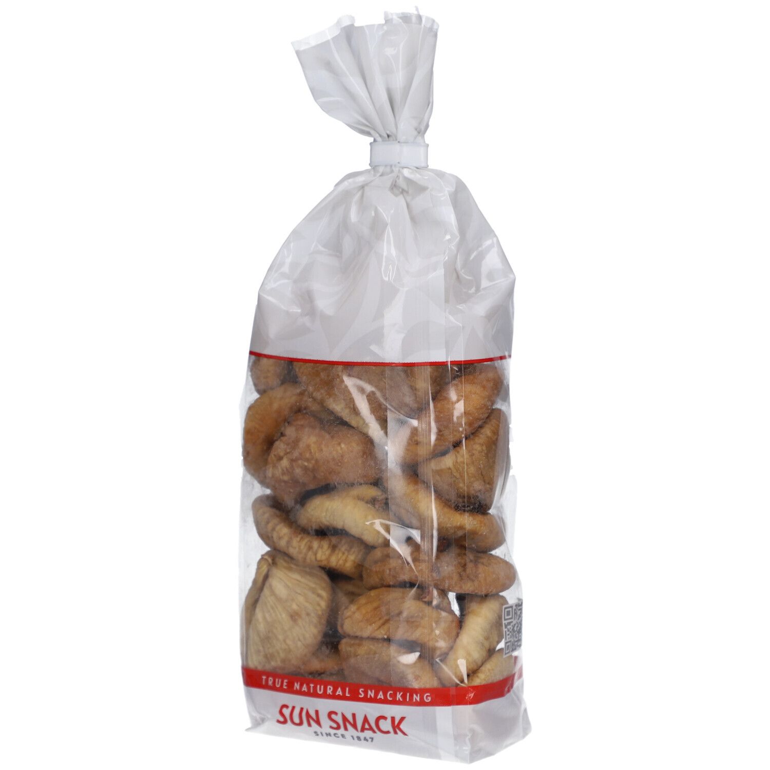 Klare Plastiktüte mit getrockneten Feigen. Rotes Band mit SUN SNACK-Logo am Boden. Der Beutel ist verschlossen.