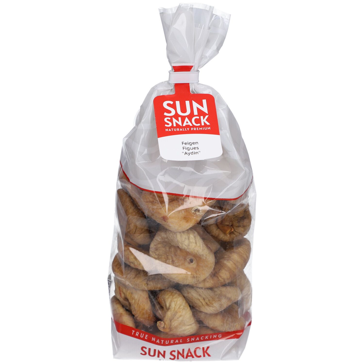 Klare Plastiktüte mit getrockneten Feigen. Rotes Etikett mit SUN SNACK-Logo und "Feigen" sowie "Aydin".