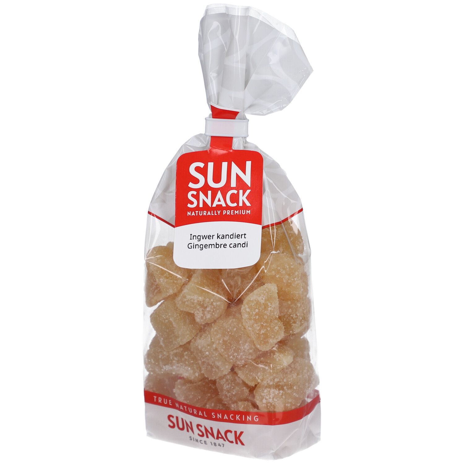 Sachet transparent de gingembre confit. Étiquette rouge SUN SNACK. Morceaux de gingembre visibles.