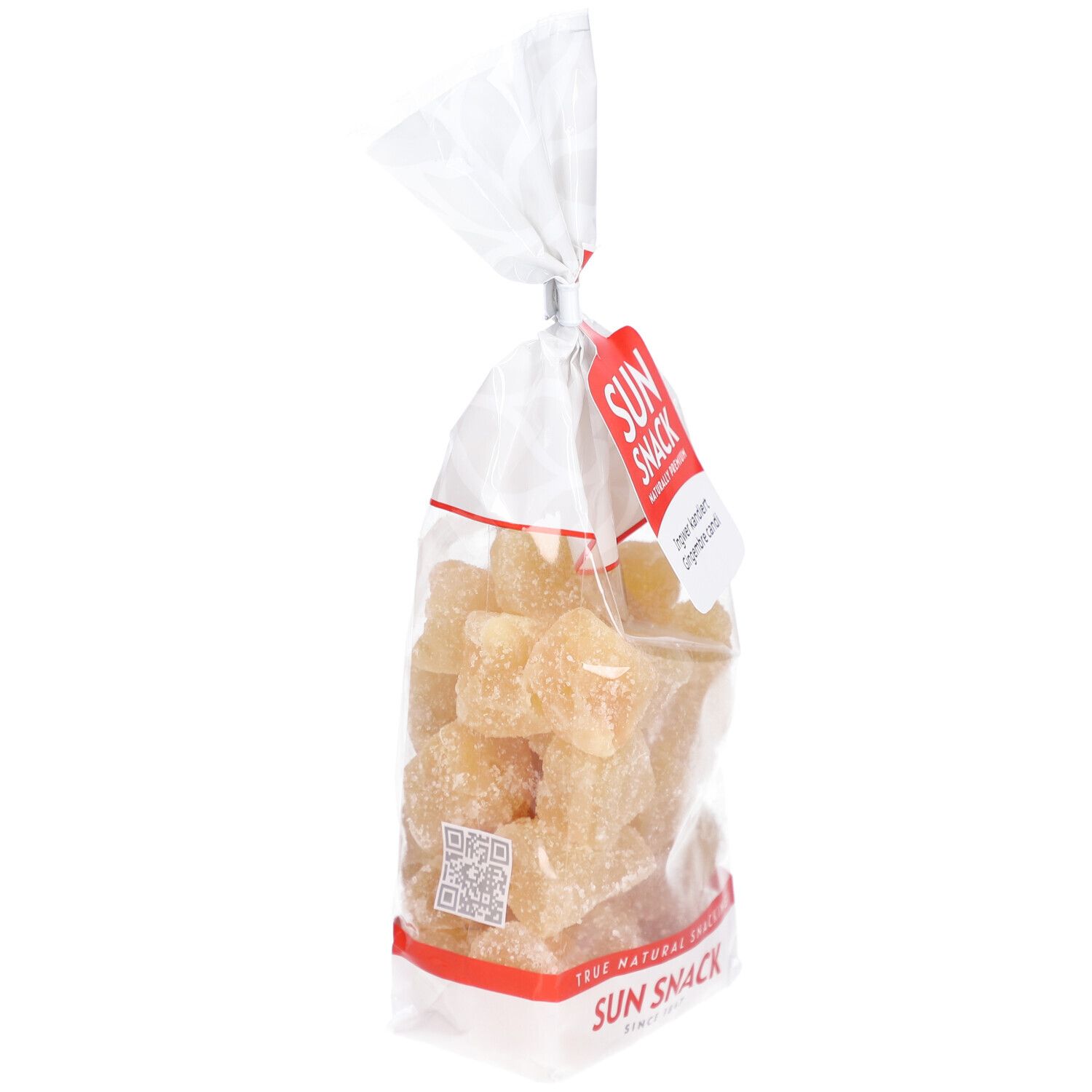 Sachet de gingembre confit en biais. Étiquette rouge SUN SNACK. Code QR et texte sur l'étiquette.