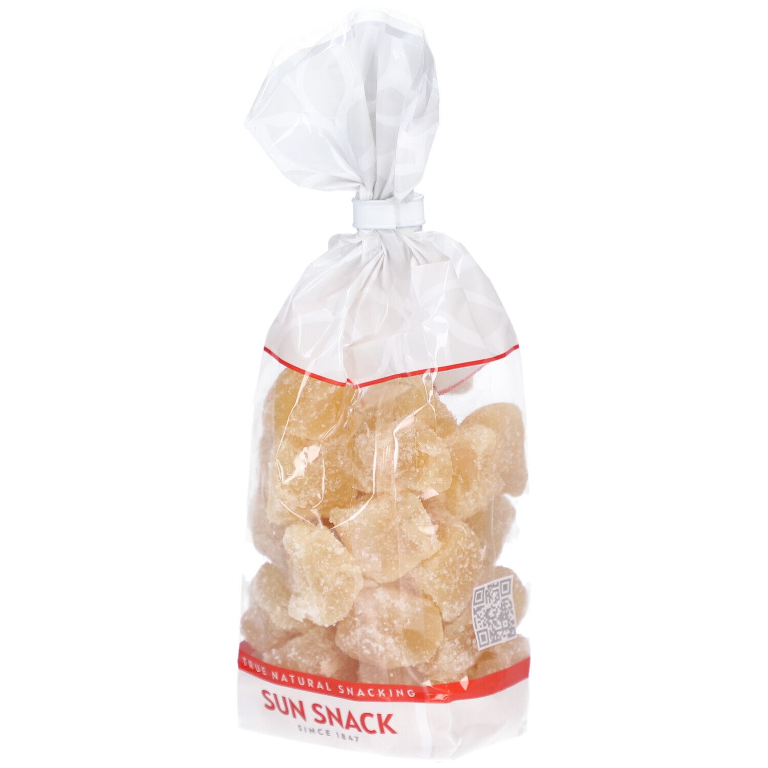 Sachet de gingembre confit. Étiquette rouge SUN SNACK. Morceaux de gingembre visibles. Emballage incliné.
