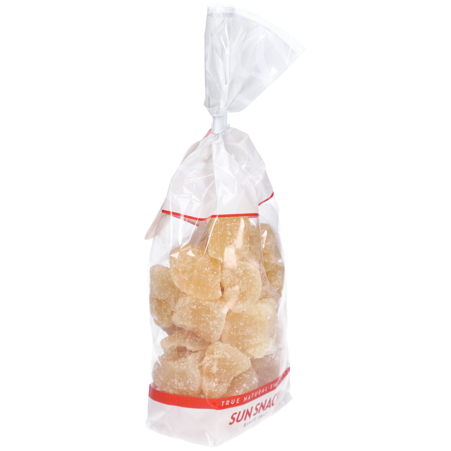 Sachet de gingembre confit en biais. Étiquette rouge SUN SNACK. Morceaux de gingembre visibles.
