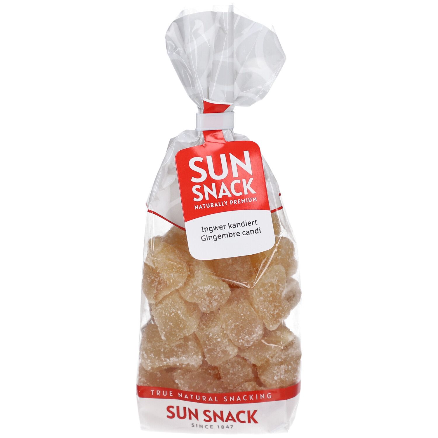Sachet transparent de gingembre confit. Étiquette rouge SUN SNACK avec texte. Gingembre visible.