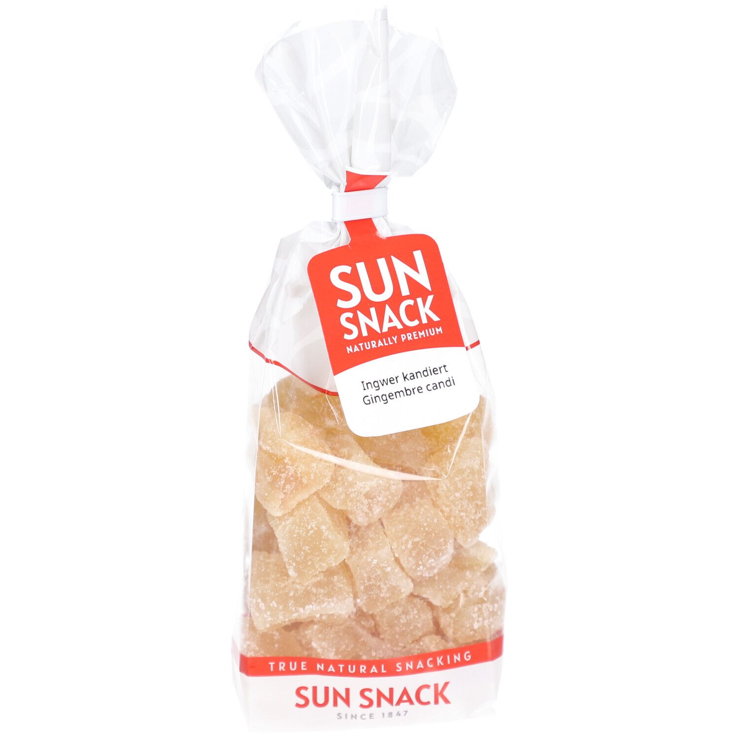 Sachet transparent de gingembre confit. Étiquette rouge SUN SNACK avec texte. Gingembre visible.