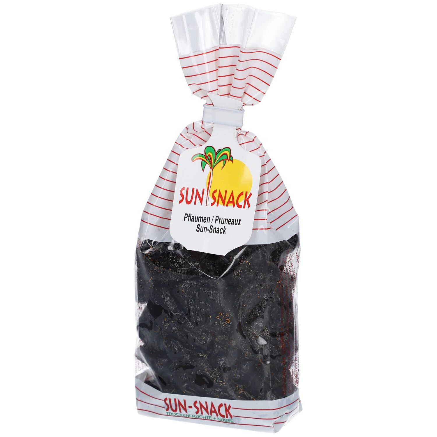 Klare Plastiktüte mit getrockneten Pflaumen. Aufdruck: SUN SNACK, Pflaumen/Pruneaux, Sun-Snack. Weiß-rot gestreifter Verschluss.