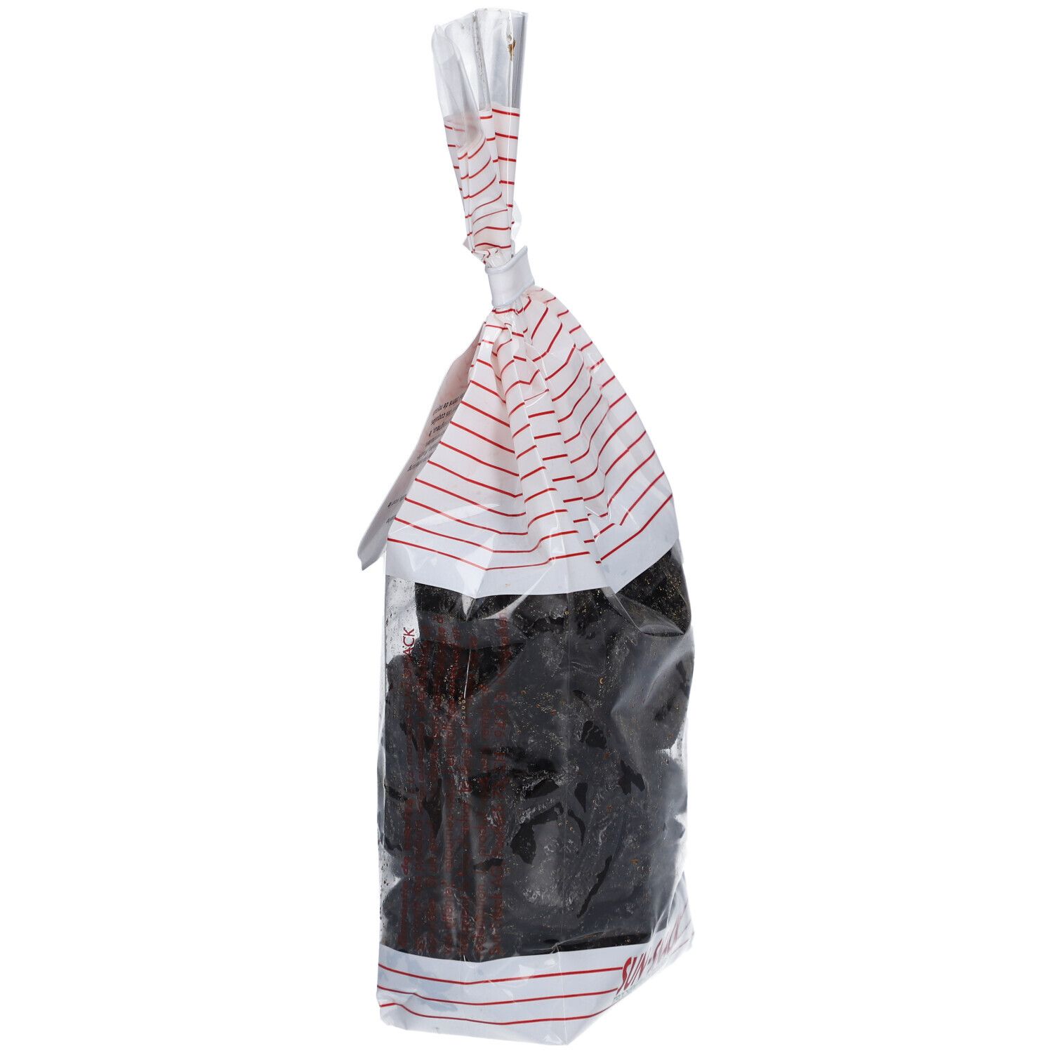 Plastiktüte mit getrockneten Pflaumen, Seitenansicht. Aufdruck: SUN SNACK. Weiß-rot gestreifter Verschluss.