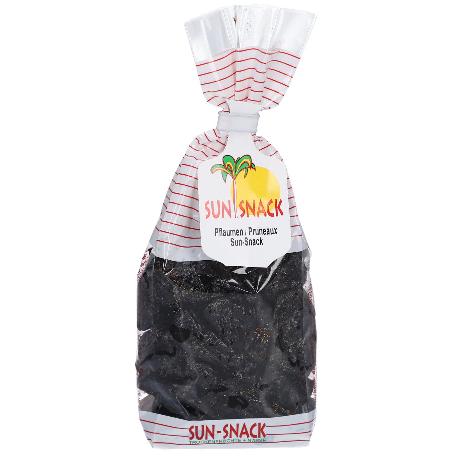 Klare Plastiktüte mit getrockneten Pflaumen. Aufdruck: SUN SNACK, Pflaumen/Pruneaux, Sun-Snack. Weiß-rot gestreifter Verschluss.