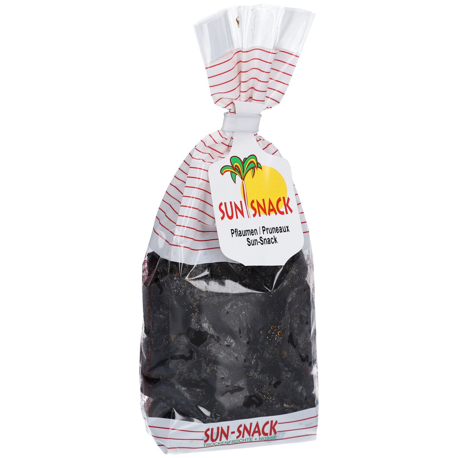 Klare Plastiktüte mit getrockneten Pflaumen. Aufdruck: SUN SNACK, Pflaumen/Pruneaux, Sun-Snack. Weiß-rot gestreifter Verschluss.