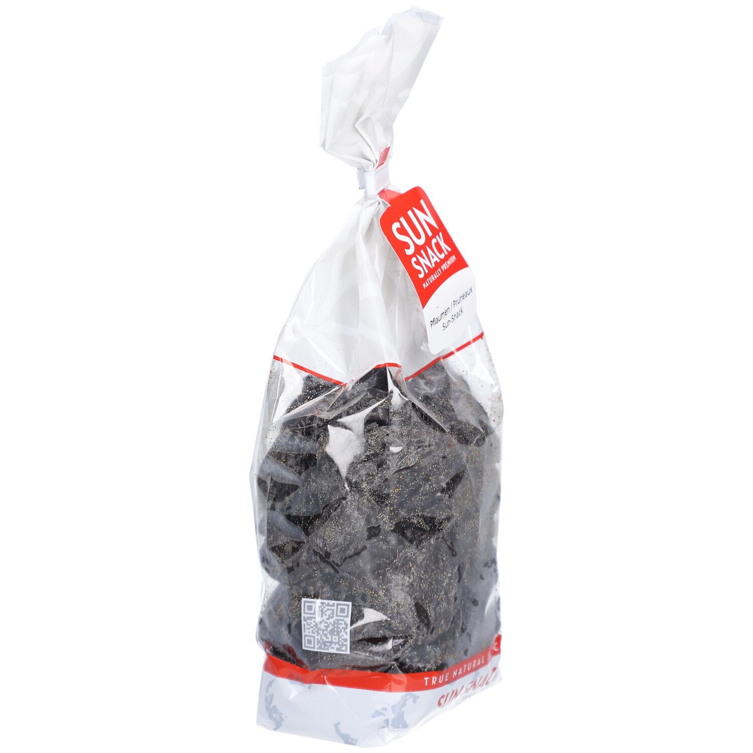Klarsichtbeutel mit getrockneten Pflaumen. Rotes Etikett mit SUN SNACK-Logo. Text: Pflaumen/Pruneaux. Natürlicher Snack.