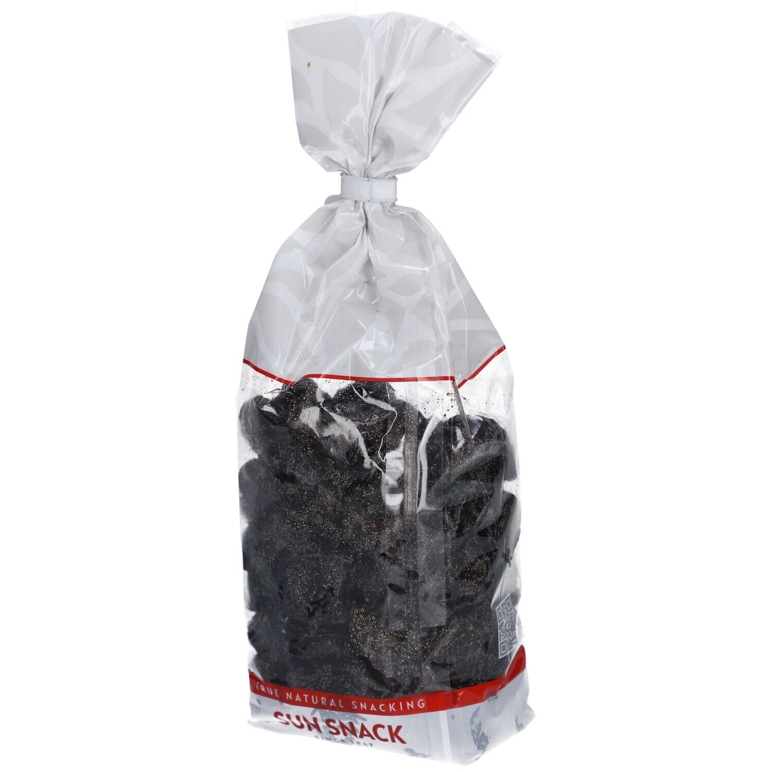 Klarsichtbeutel mit getrockneten Pflaumen. Rotes Etikett mit SUN SNACK-Logo. Text: Pflaumen/Pruneaux. Natürlicher Snack.