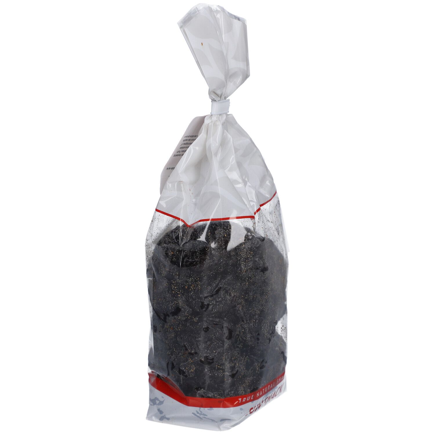 Klarsichtbeutel mit getrockneten Pflaumen. Rotes Etikett mit SUN SNACK-Logo. Text: Pflaumen/Pruneaux. Natürlicher Snack.