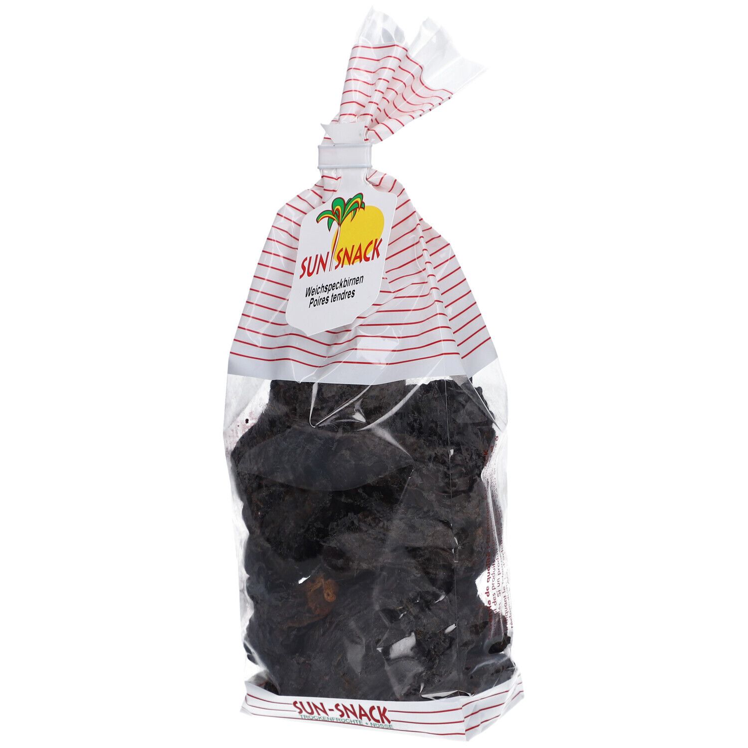 Klarsichtbeutel mit getrockneten Birnen. Aufdruck SUN SNACK. Roter Streifenmuster-Beutelverschluss.