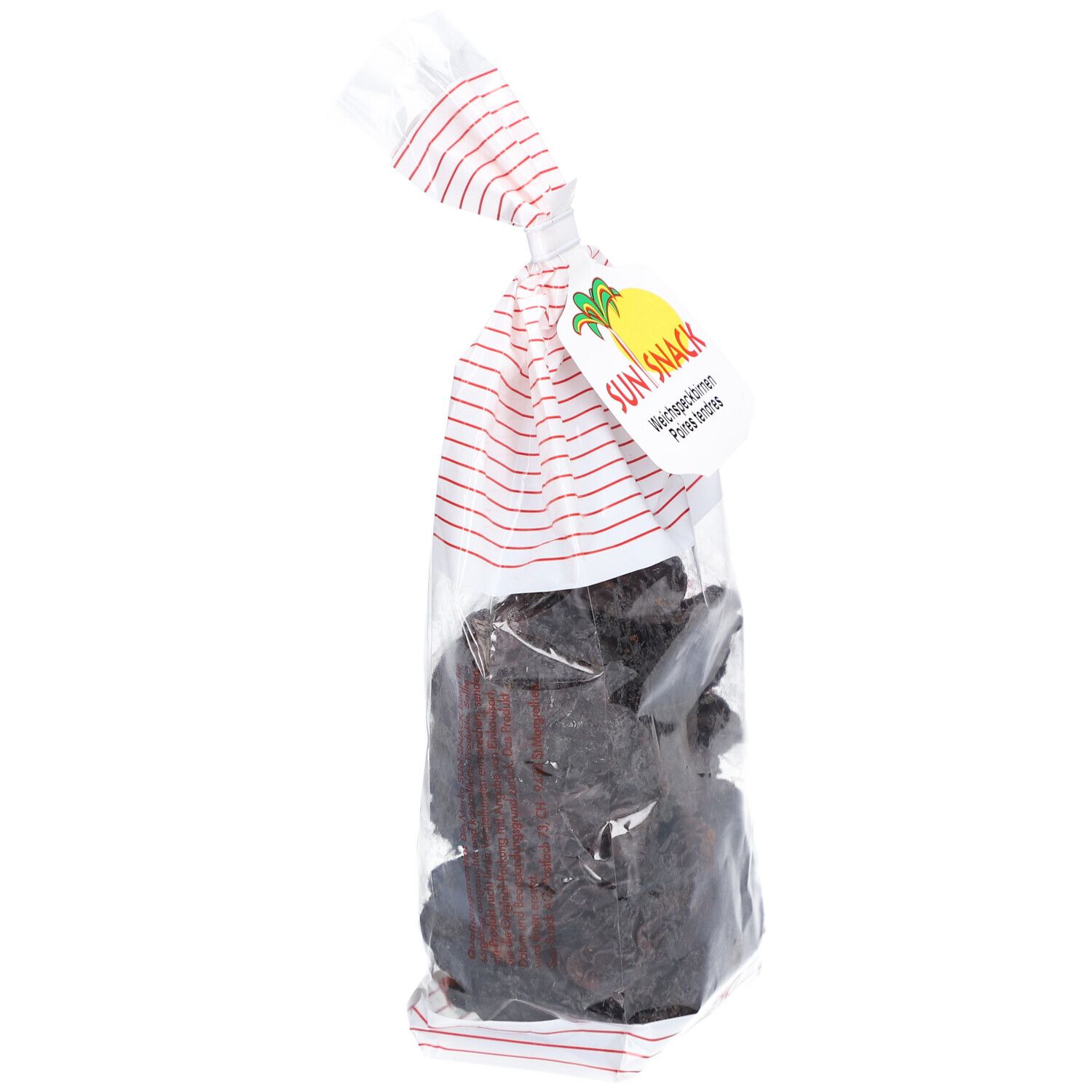 Klarsichtbeutel mit getrockneten Birnen. Aufdruck SUN SNACK. Roter Streifenmuster-Beutelverschluss.