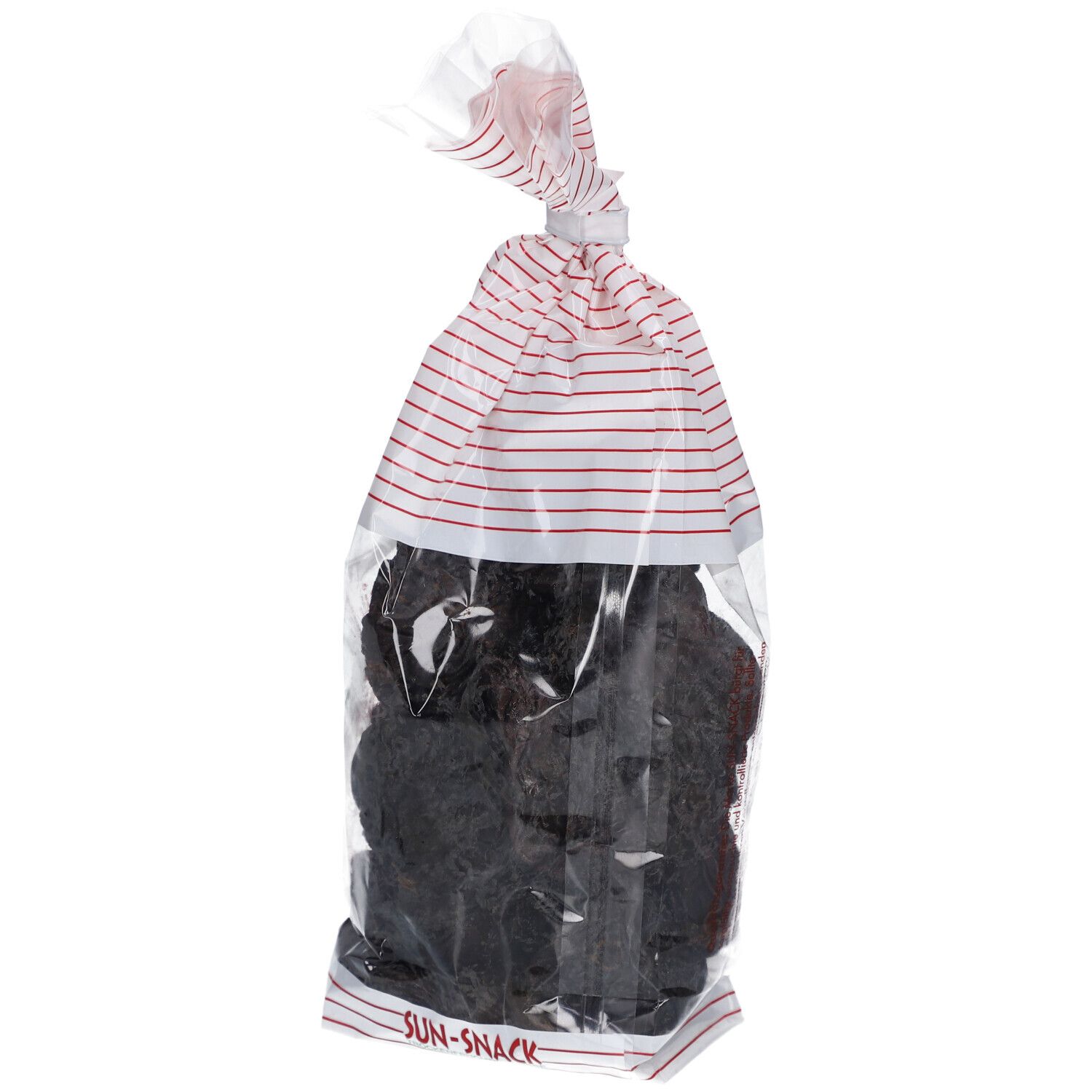 Klarsichtbeutel mit getrockneten Birnen. Aufdruck SUN SNACK. Roter Streifenmuster-Beutelverschluss.