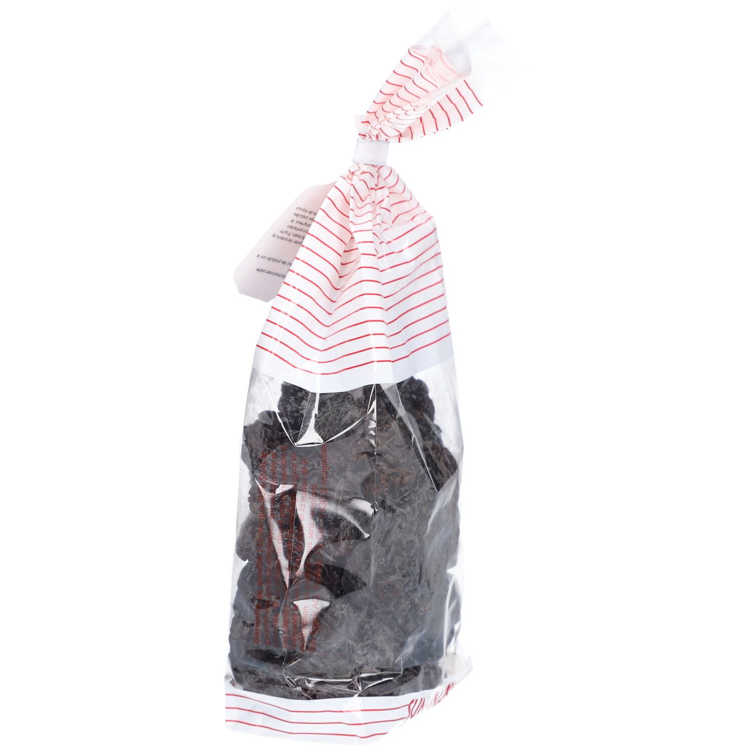 Klarsichtbeutel mit getrockneten Birnen. Aufdruck SUN SNACK. Roter Streifenmuster-Beutelverschluss.