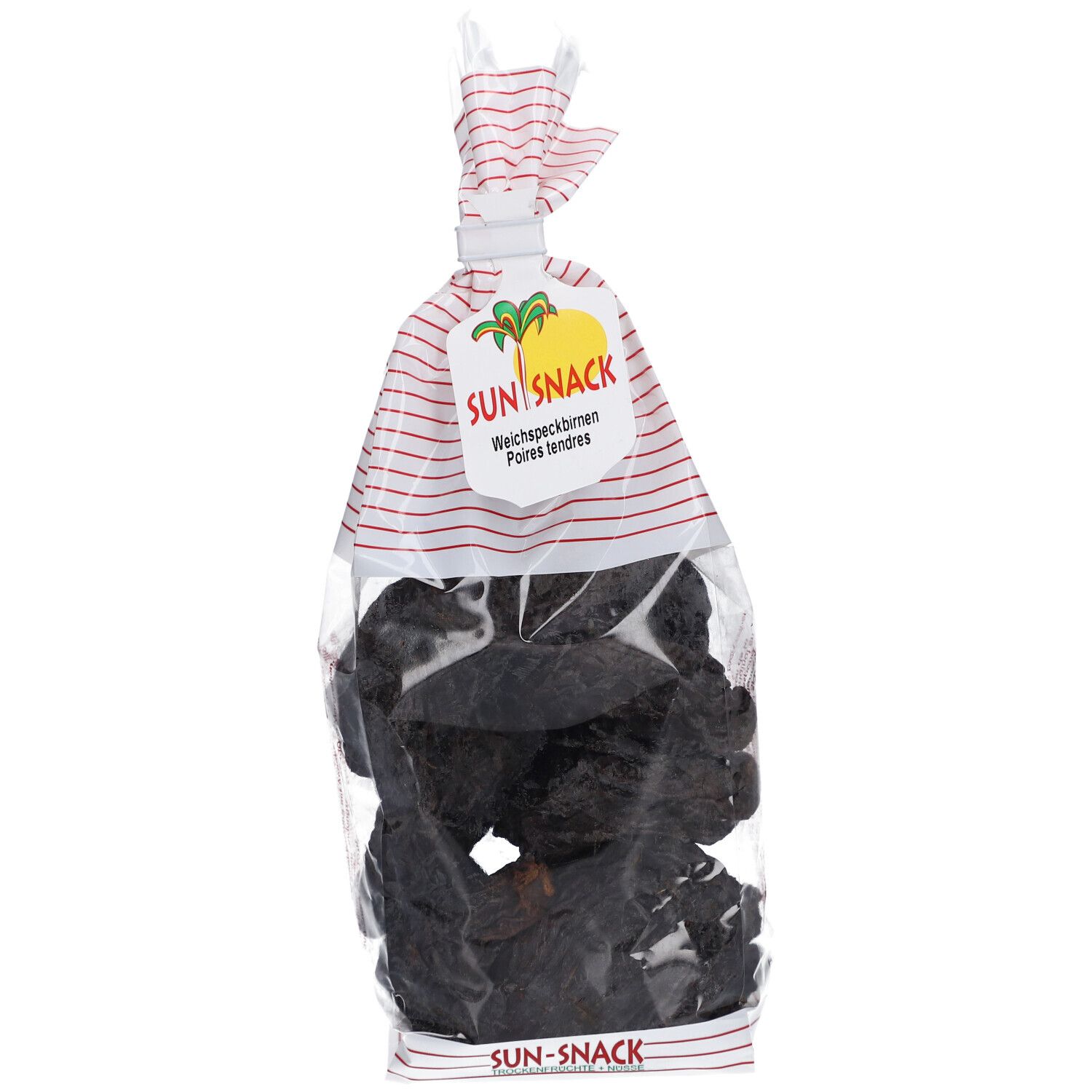 Klarsichtbeutel mit getrockneten Birnen. Aufdruck SUN SNACK. Roter Streifenmuster-Beutelverschluss.