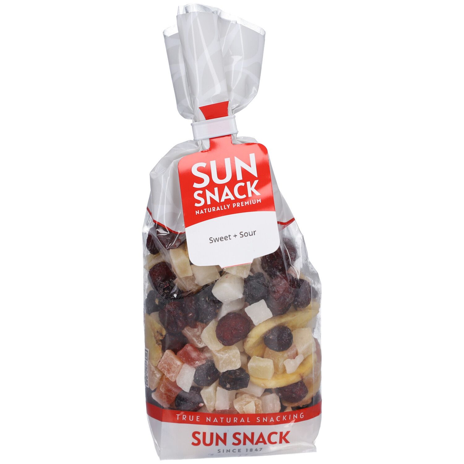 SUN SNACK Süß-saure Mischung in transparenter Tüte. Rotes Etikett mit Produktname und Schriftzug.