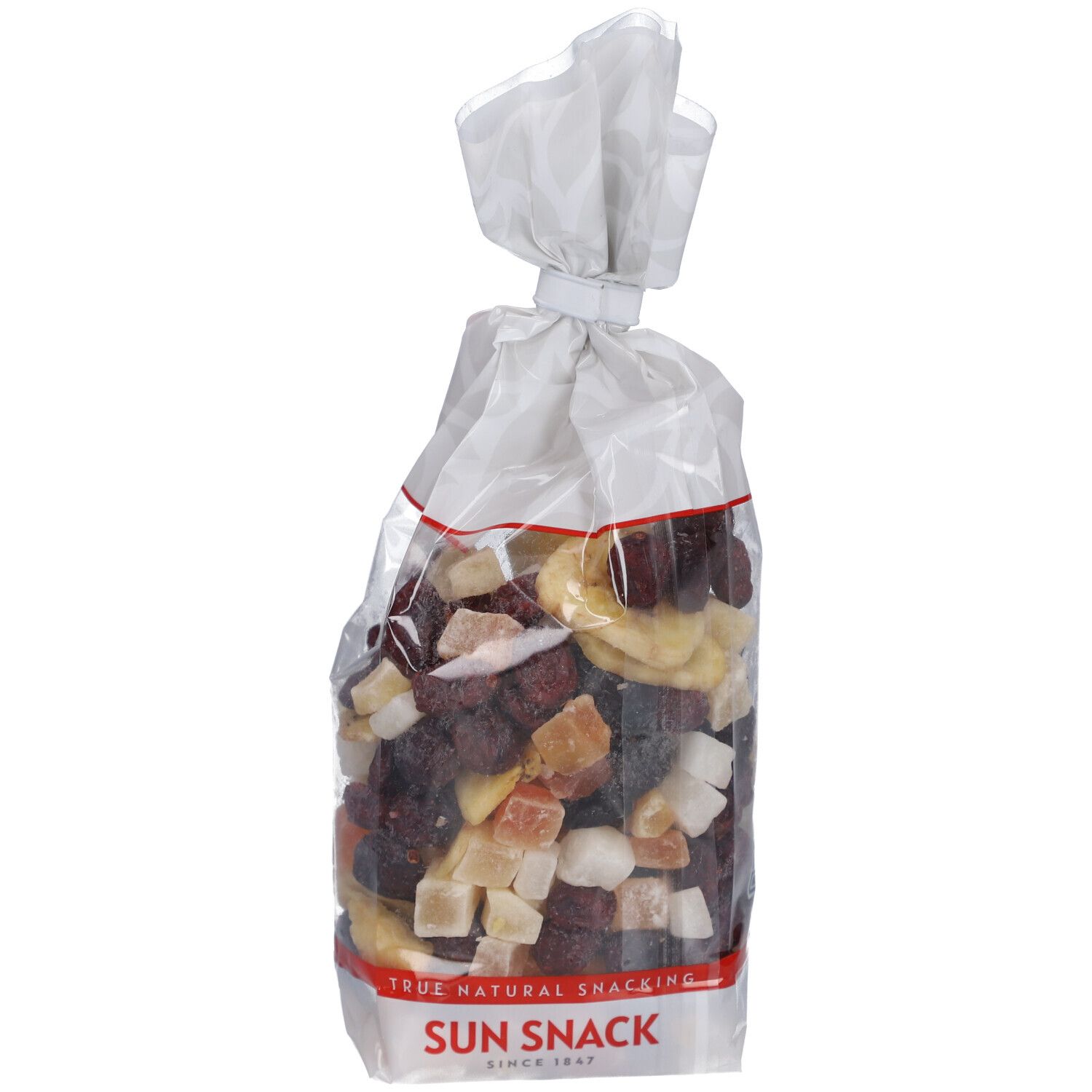 SUN SNACK Süß-saure Mischung in transparenter Tüte. Rotes Etikett mit Produktname und Schriftzug.