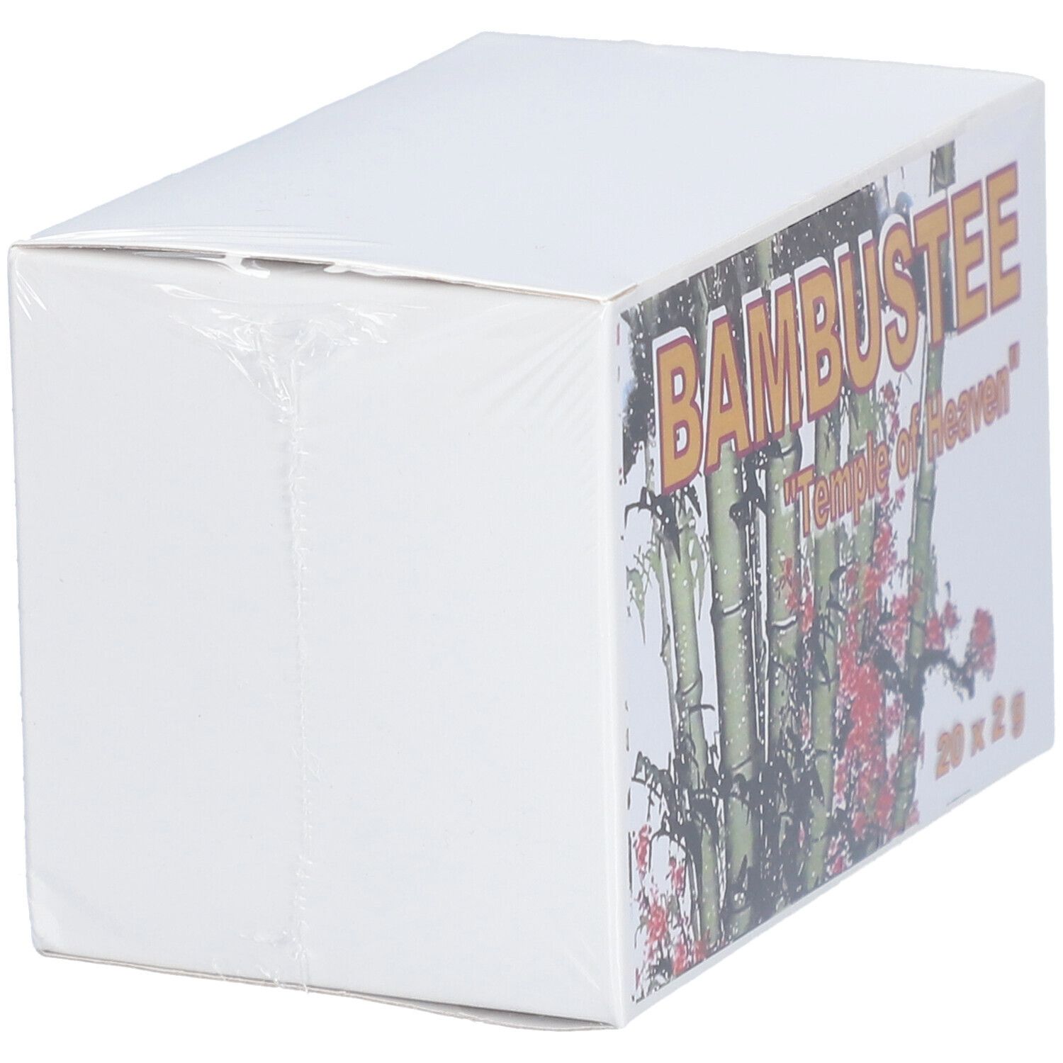 Schrägansicht der BAMBUSTEE "Temple of Heaven" Verpackung. Produktname und Bambus-Motiv auf der Verpackung.