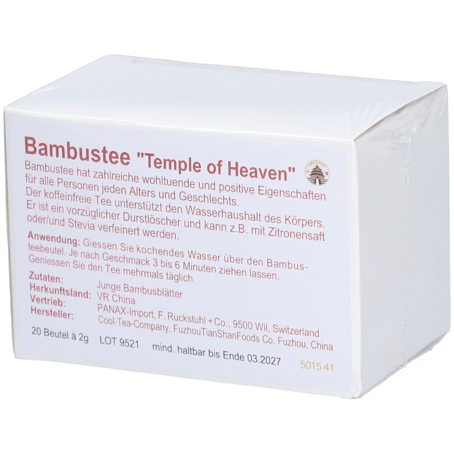Rückseite der BAMBUSTEE "Temple of Heaven" Verpackung. Text mit Produktinformationen und Inhaltsstoffen.