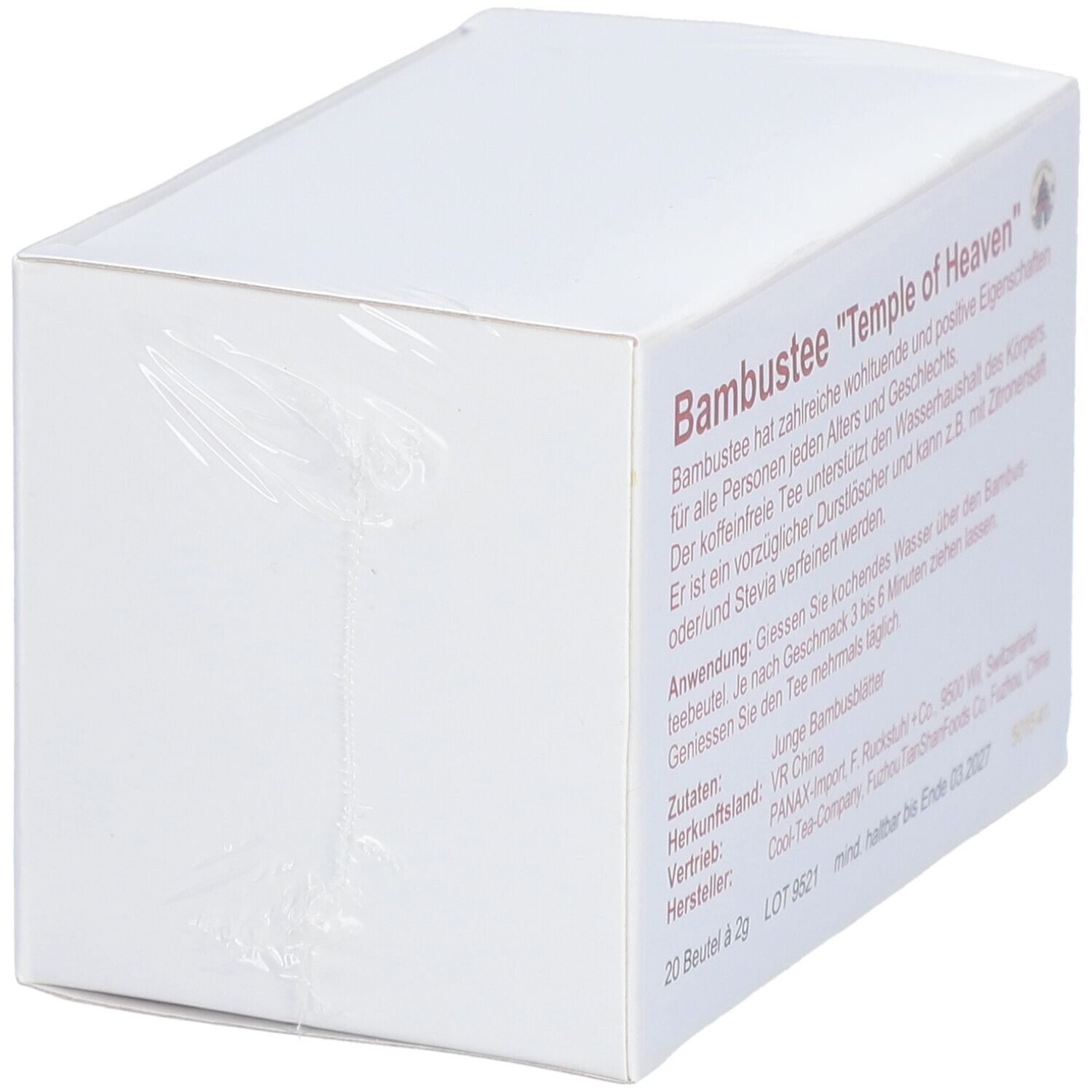 Schrägansicht der Rückseite der BAMBUSTEE "Temple of Heaven" Verpackung. Text mit Produktinformationen.