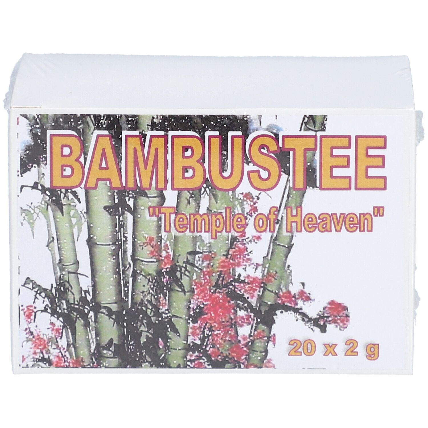 Vorderansicht der BAMBUSTEE "Temple of Heaven" Verpackung. Produktname, Bambus-Motiv und Inhaltsangabe.