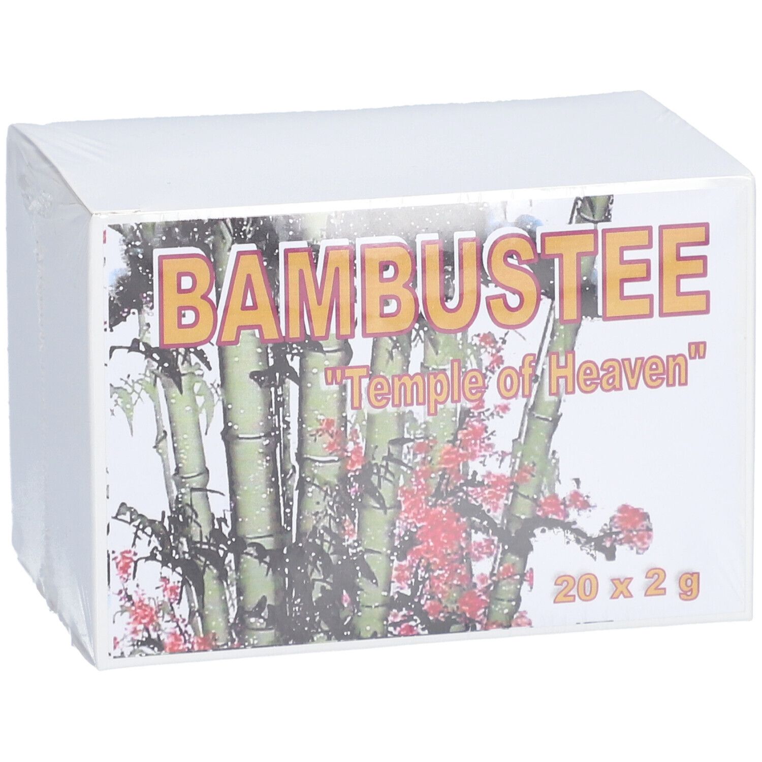 Vorderansicht der BAMBUSTEE "Temple of Heaven" Verpackung. Produktname, Bambus-Motiv und Inhaltsangabe.