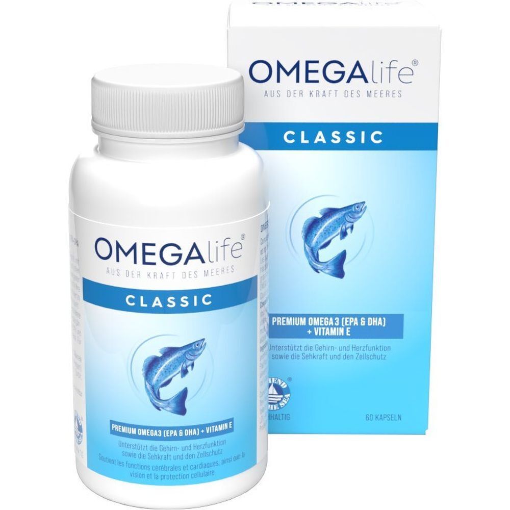 OMEGA-LIFE® Klassisch. Weiße Kapsel-Dose und Schachtel. Fisch-Illustration. Text: Premium Omega 3 (EPA & DHA) + Vitamin E.