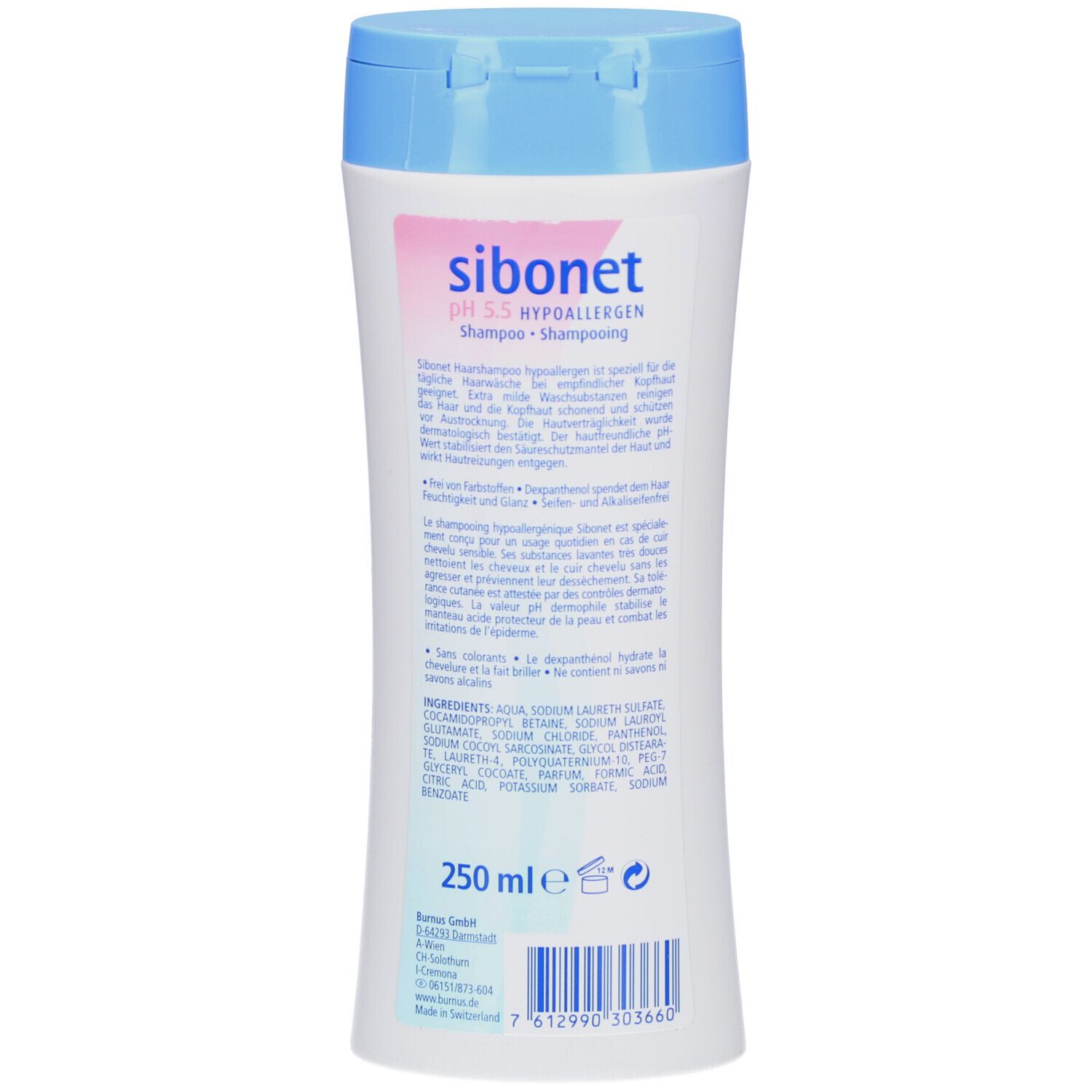Rückseite der Flasche. Aufschrift: sibonet pH 5.5 hypoallergen. Text in mehreren Sprachen. 250 ml.