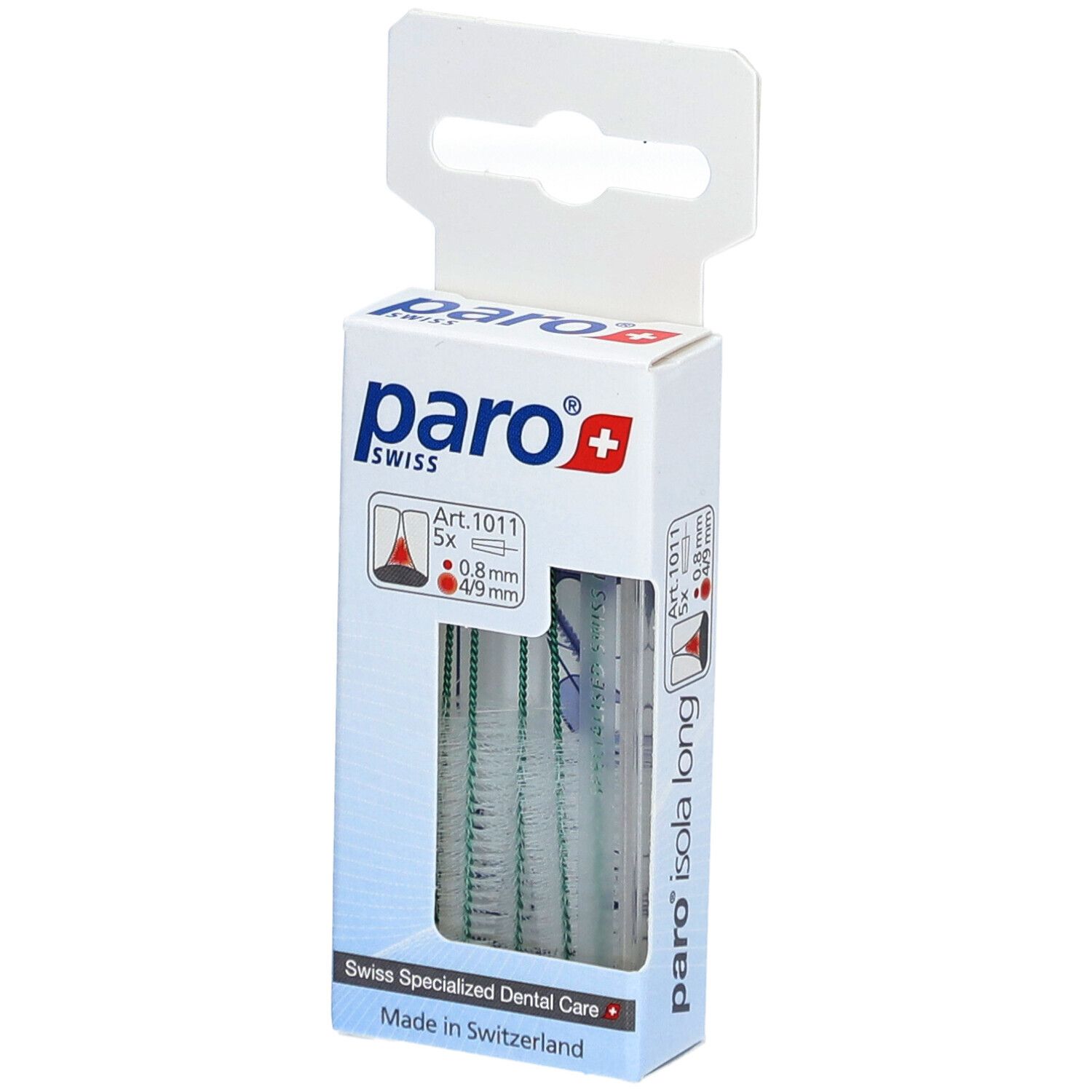 Verpakking paro® Isola Long interdentale borstels. 5 stuks, 0,8mm/4-9mm. Merk en logo zichtbaar.