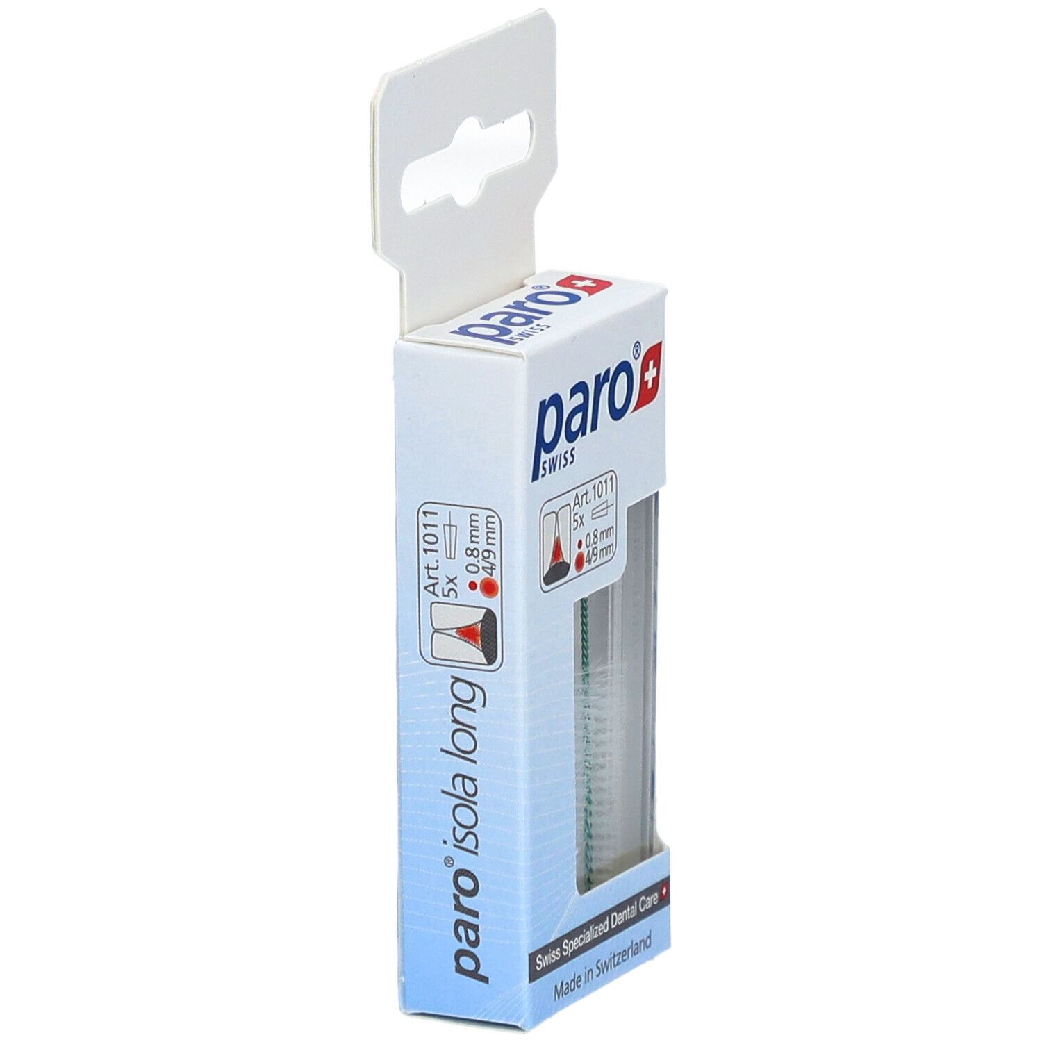 Zijaanzicht van de paro® Isola Long verpakking. Bevat 5 interdentale borstels. Afmetingen: 0,8mm/4-9mm.