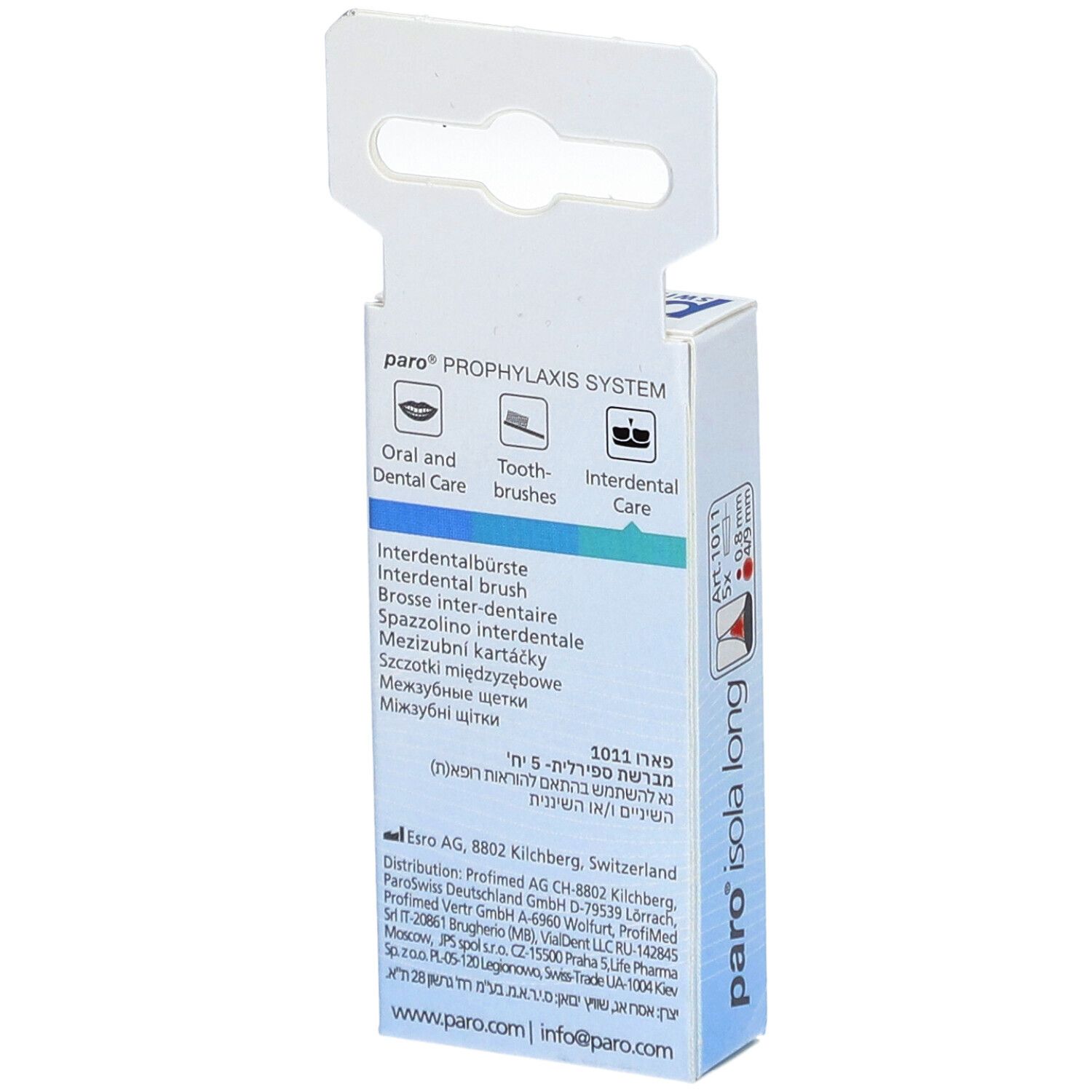 Achterkant van de paro® Isola Long verpakking. Meertalige tekst. Informatie over interdentale borstels.