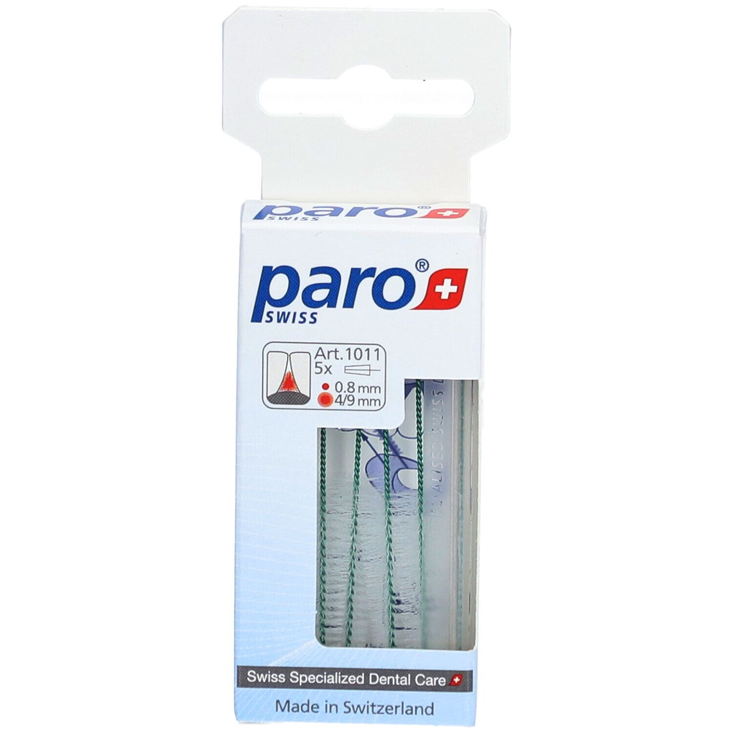 Verpakking paro® Isola Long interdentale borstels. 5 stuks, 0,8mm/4-9mm. Merk en logo zichtbaar.