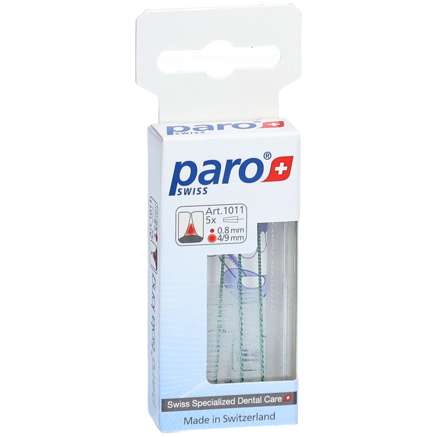 Verpakking paro® Isola Long interdentale borstels. 5 stuks, 0,8mm/4-9mm. Merk en logo zichtbaar.