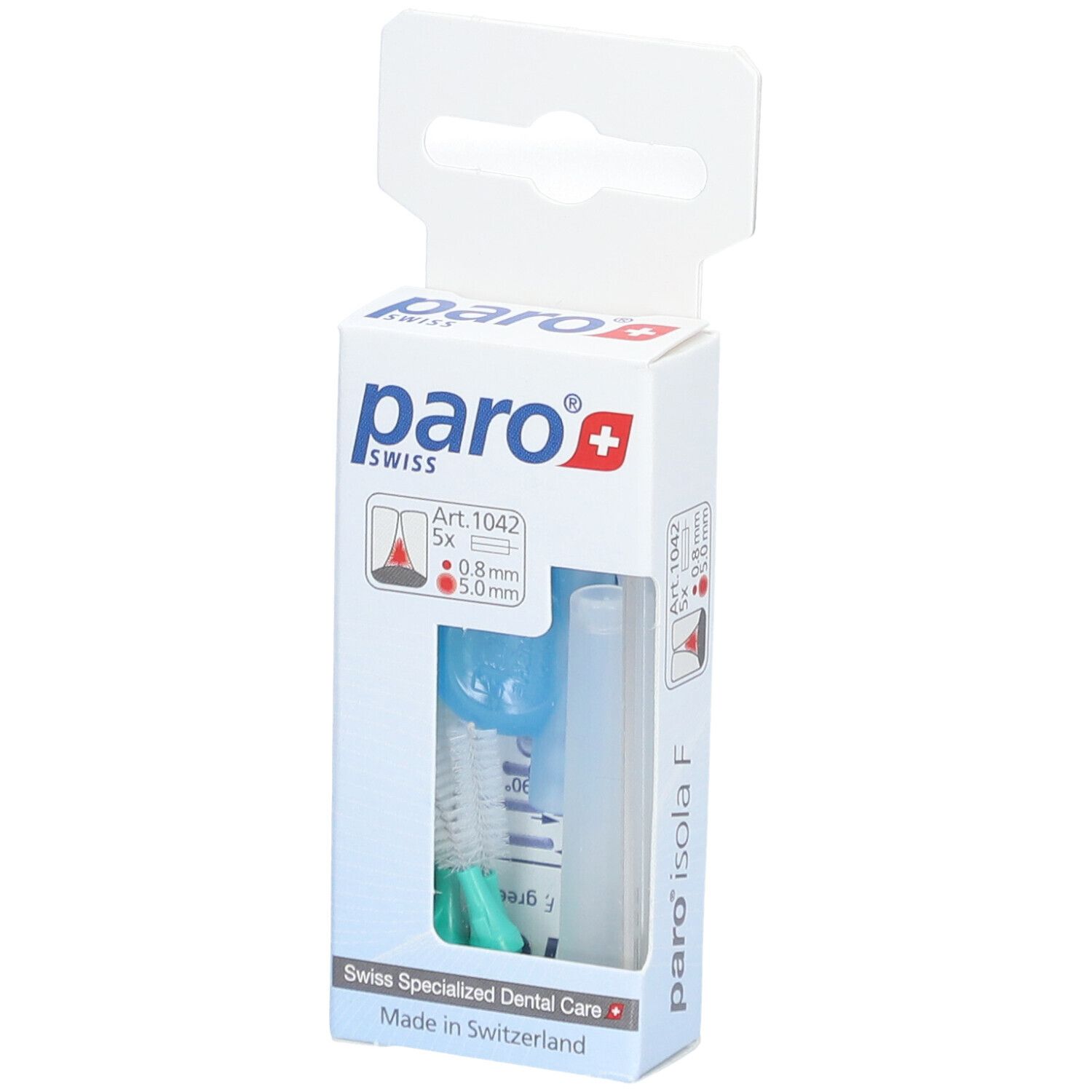 Verpackung mit paro® Isola F Brossette interdentaire. Enthält 5 Bürsten, 5.0 mm, grün. Marke und Produktinformationen sind aufgedruckt.