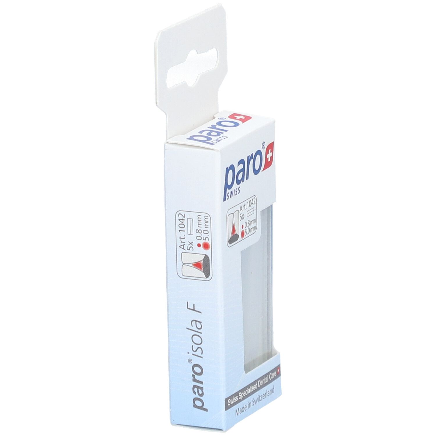 Seitenansicht der Verpackung von paro® Isola F. Produktname und Informationen sind aufgedruckt. Enthält eine Brossette interdentaire.